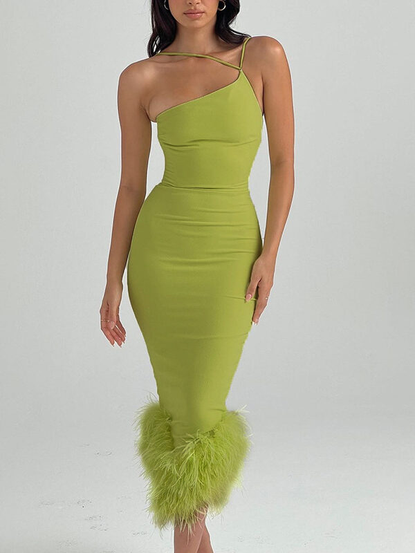 Casual One Shoulder Feather Midi Dress Green 5