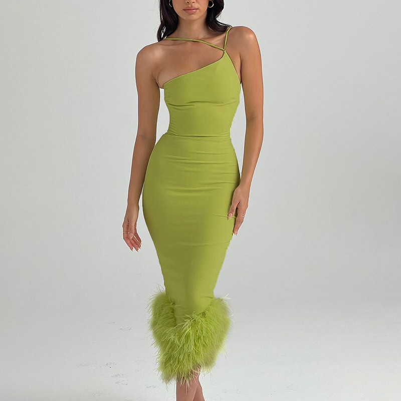 Casual One Shoulder Feather Midi Dress Green 5