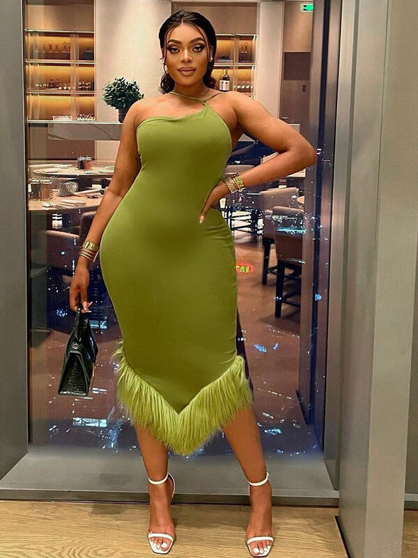 Casual One Shoulder Feather Midi Dress Green 2
