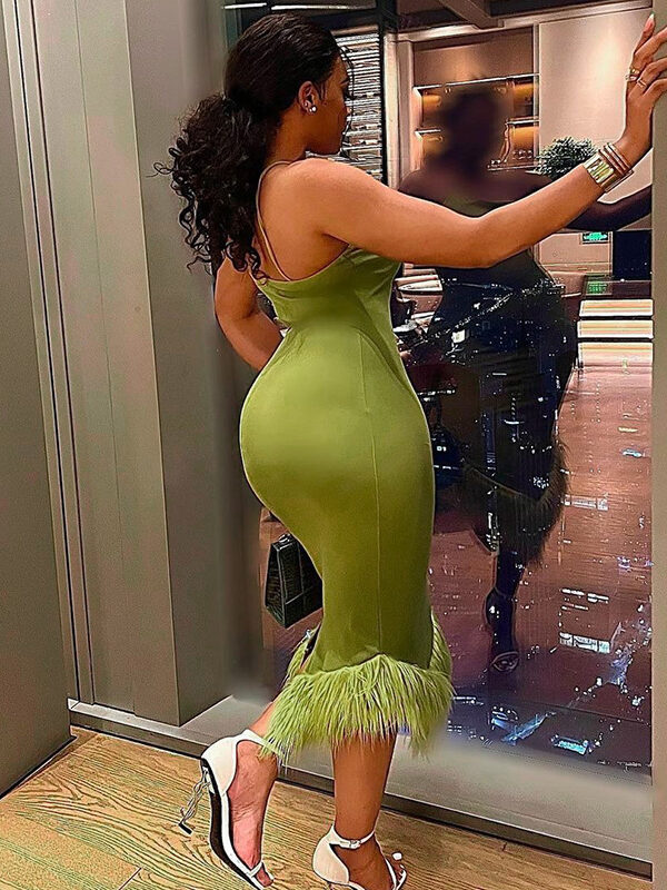 Casual One Shoulder Feather Midi Dress Green 1