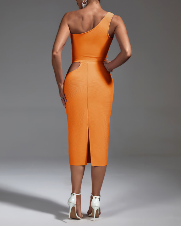 One Shoulder Orange Cutout Midi Dress Orange 4
