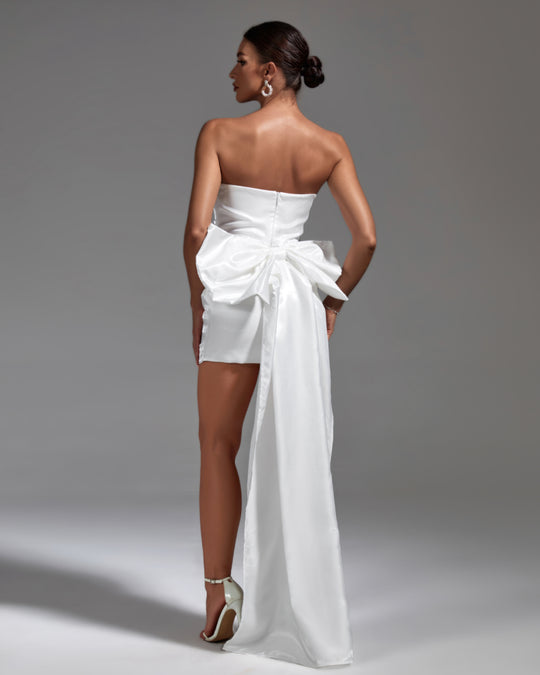 Detachable Big Bow Straplesss Mini Dress White 1