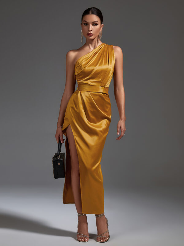 Elegant One Shoulder Midi Bodycon Dress Yelow 2