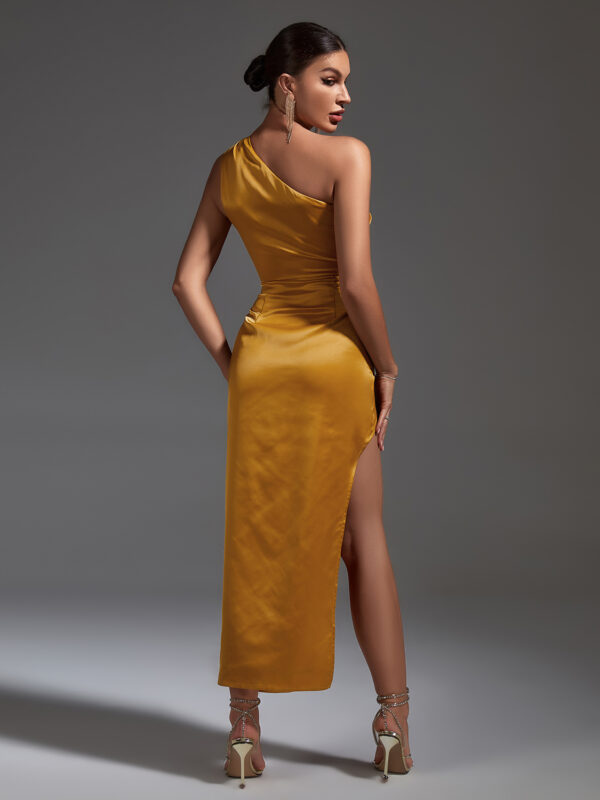 Elegant One Shoulder Midi Bodycon Dress Yelow 3