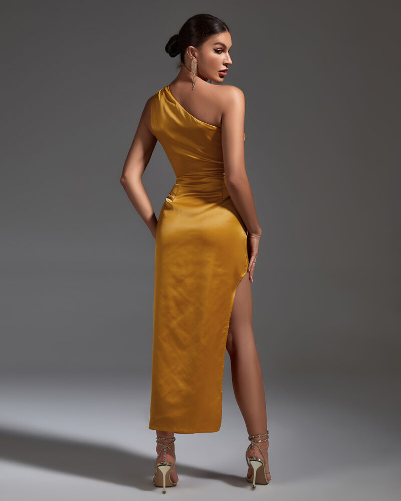 Elegant One Shoulder Midi Bodycon Dress Yelow 3