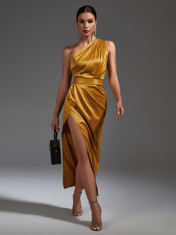 Elegant One Shoulder Midi Bodycon Dress Yelow 6
