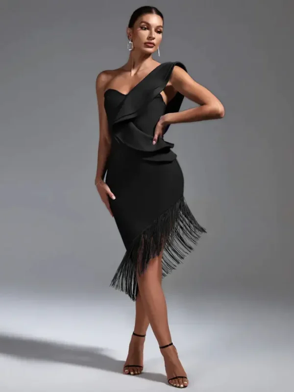 One Shoulder Fringe Midi Bandage Dress Black 3