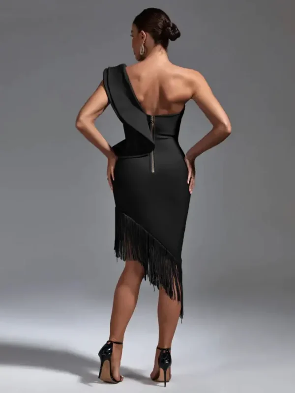 One Shoulder Fringe Midi Bandage Dress Black 1