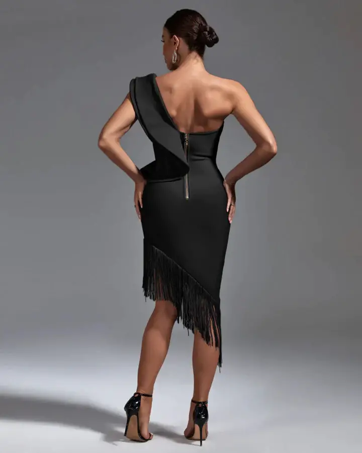 One Shoulder Fringe Midi Bandage Dress Black 1