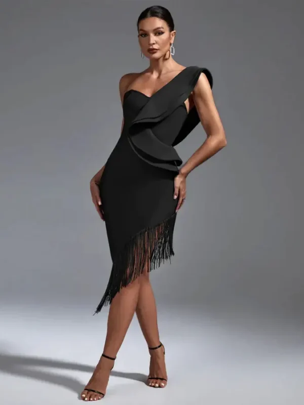 One Shoulder Fringe Midi Bandage Dress Black 2