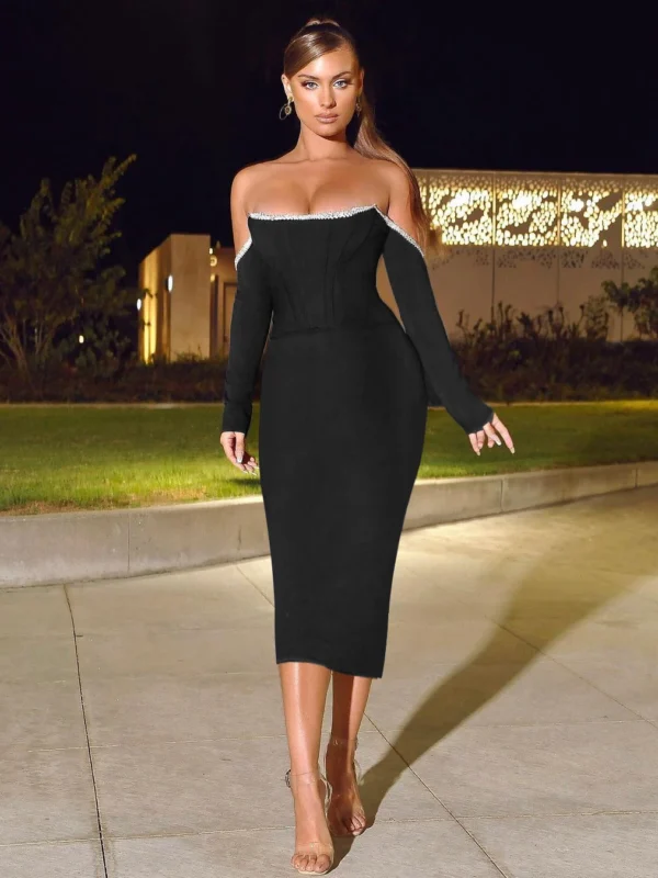 Dynamic Neck Midi Prom Bandage Dress
