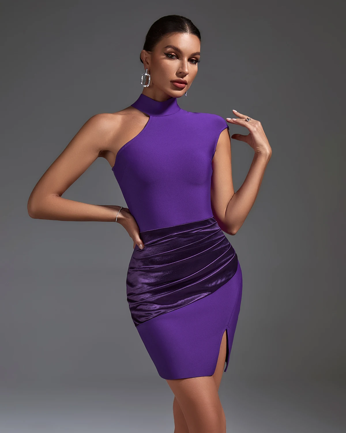 Vestidos Drap-Splicing Slit Mini Bandage Dress