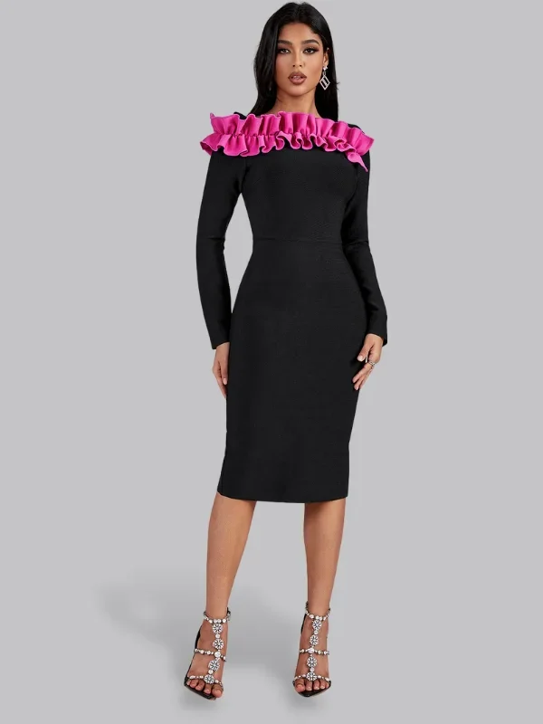 Rose Red Pleated High-Neckย  Bodycon Dress