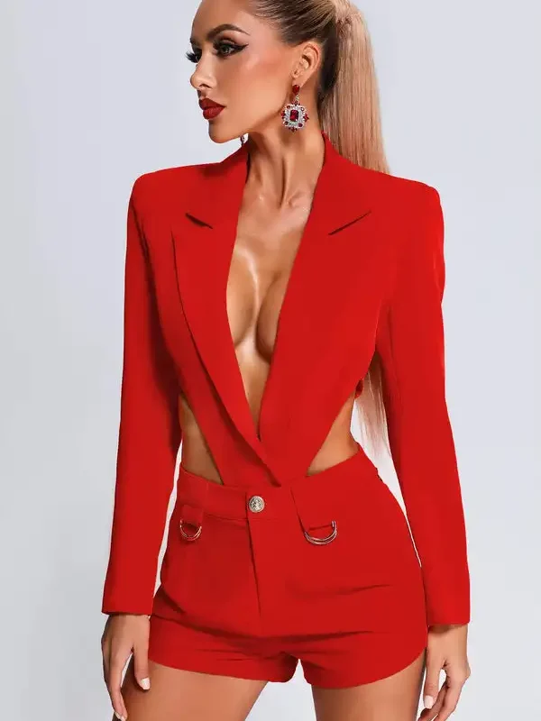 Glams Bareback Deep V Neck 2 Piece Blazer Set