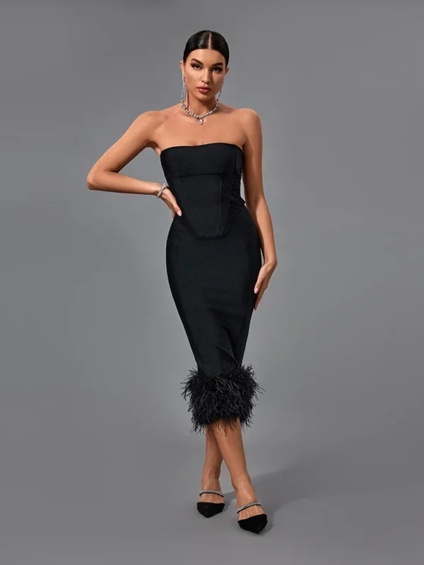 Tubeless Feather Midi Dress