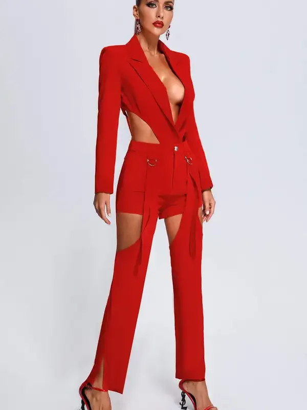 Glams Bareback Deep V Neck 2 Piece Blazer Set