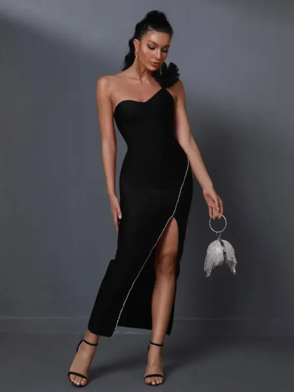 Mesh Strap One Shoulder High Slit Cocktail Dress