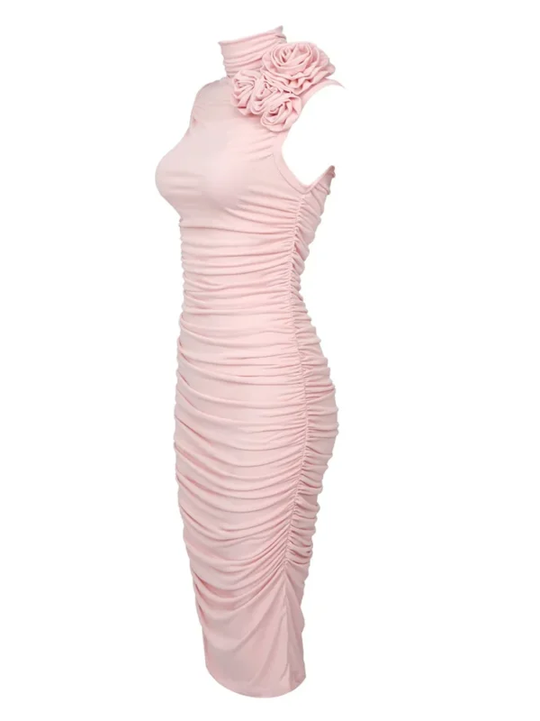 3D FlowerTurtleNeck Sleeveless Bodycon Dress