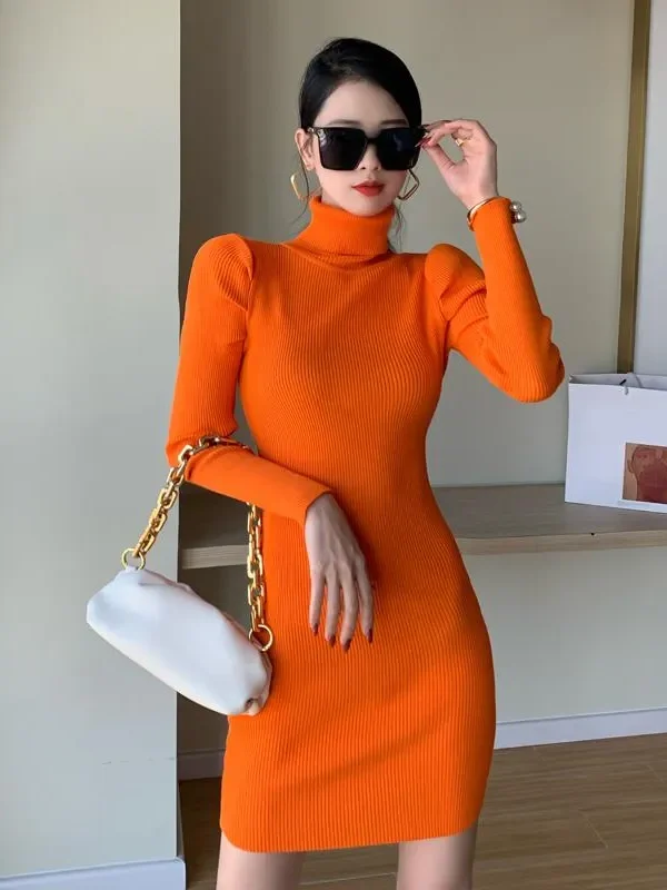 Women High Neck Bodycon Orange Dress 2