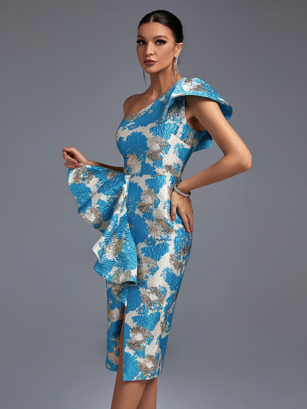 Elegant Jacquard One Shoulder Slit Midi Bodycon Blue Dress 2