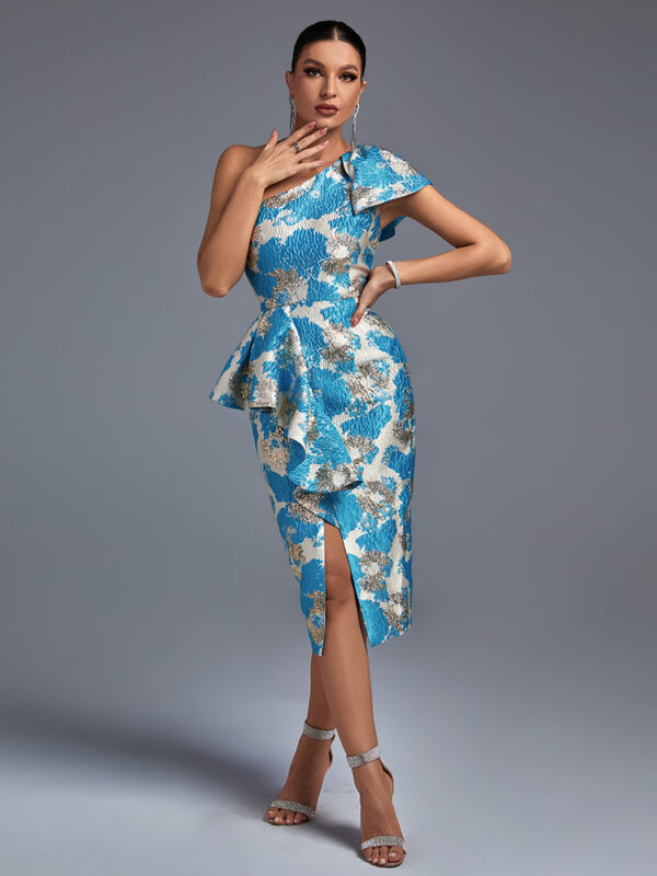 Elegant Jacquard One Shoulder Slit Midi Bodycon Blue Dress 3