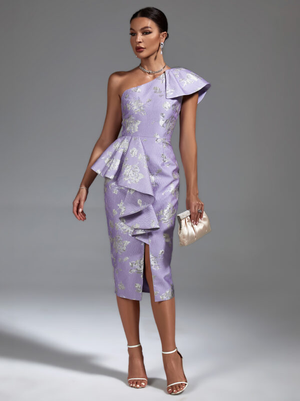 Elegant Jacquard One Shoulder Slit Midi Bodycon Purple Dress 3