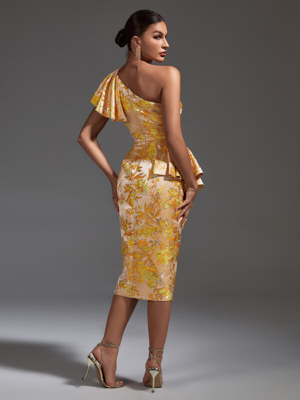 Elegant Jacquard One Shoulder Slit Midi Bodycon Yellow Dress 1