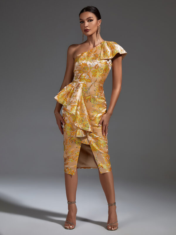 Elegant Jacquard One Shoulder Slit Midi Bodycon Yellow Dress 2
