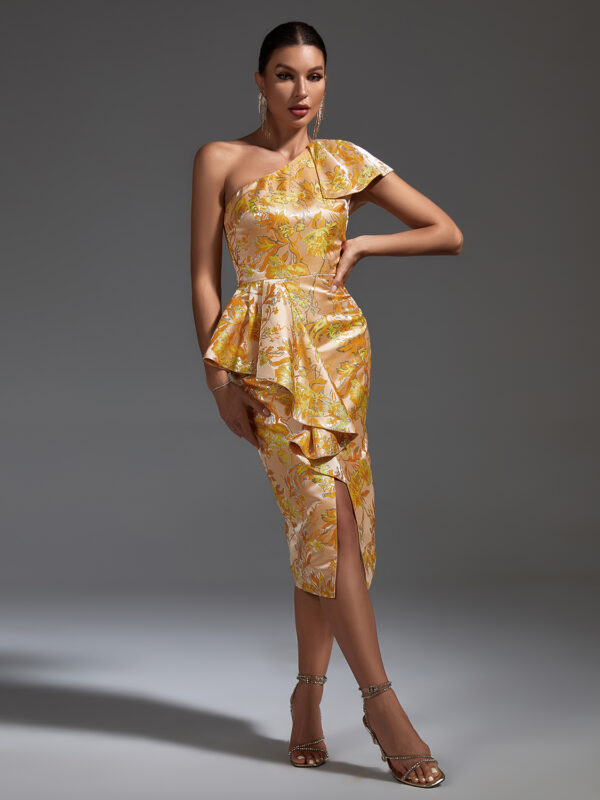 Elegant Jacquard One Shoulder Slit Midi Bodycon Yellow Dress 3