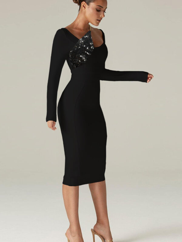 Long Sleeve Sequin Patch Bandage Black Dress 1