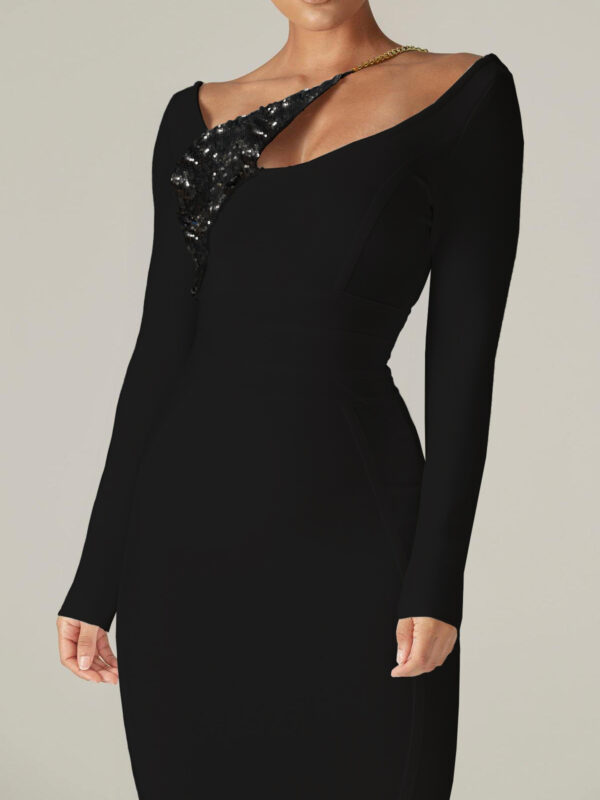 Long Sleeve Sequin Patch Bandage Black Dress 3