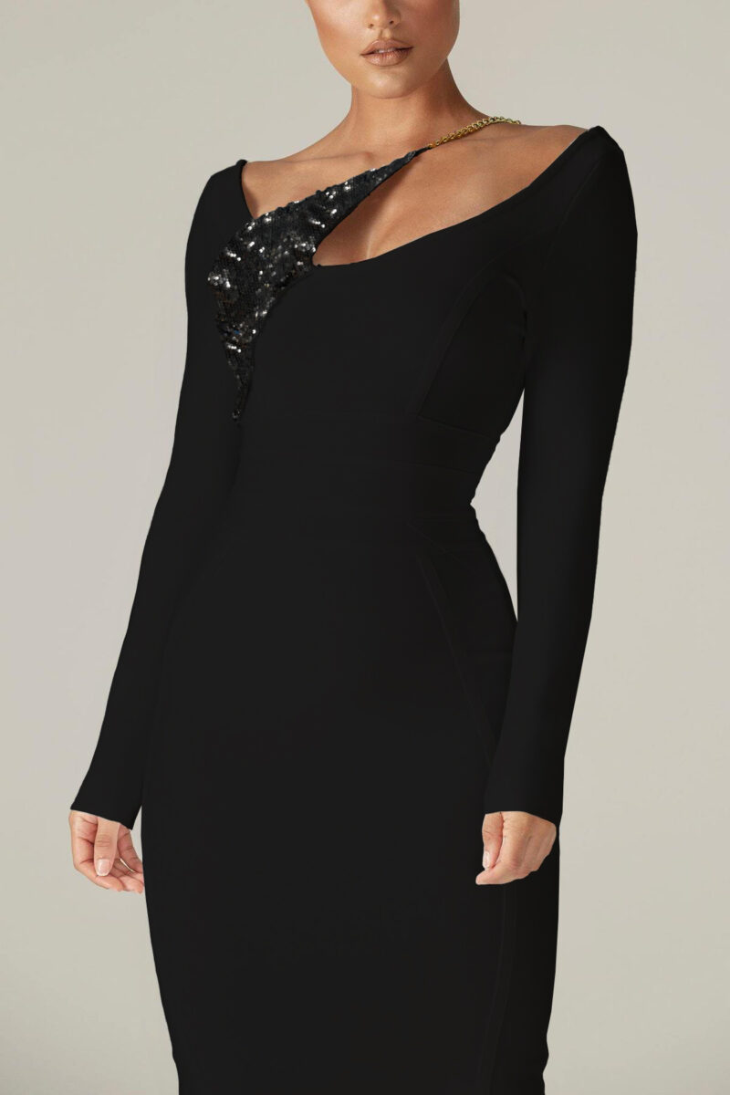 Long Sleeve Sequin Patch Bandage Black Dress 3