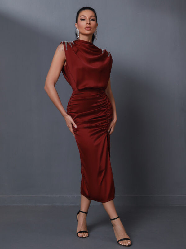 Luxury Draped Midi Party Dress Wine 3