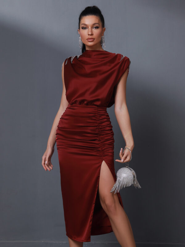 Luxury Draped Midi Party Dress Wine 4