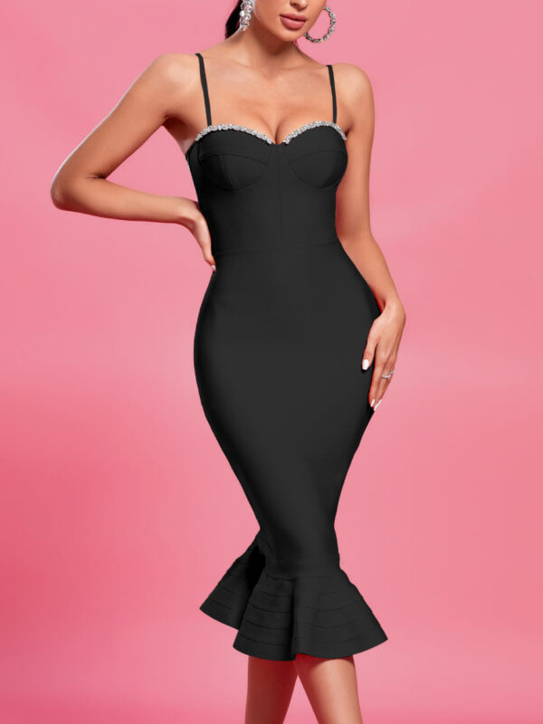 Mermaid Sleeveless Rhinestone Midi Bandage Dress Black
