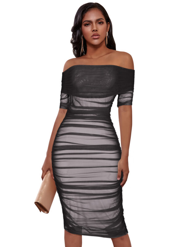 Midi Stripe Line Neck Mesh Pleated Bandage Long Sleeved Black Dress 1