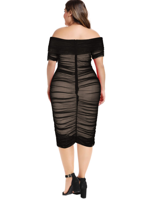 Midi Stripe Line Neck Mesh Pleated Bandage Long Sleeved Black Dress 3