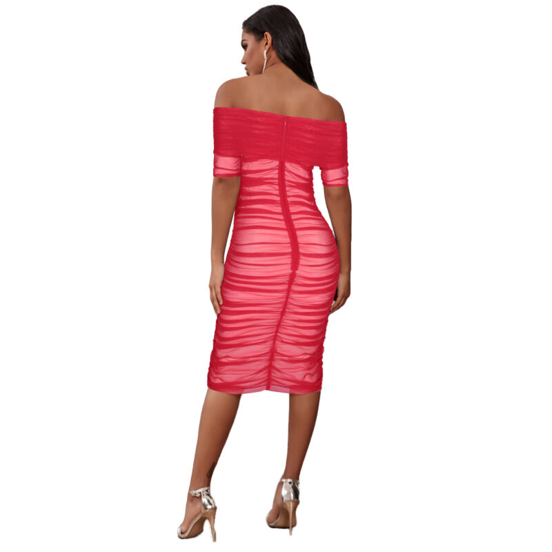Midi Stripe Line Neck Mesh Pleated Bandage Long Sleeved Red Dress 2