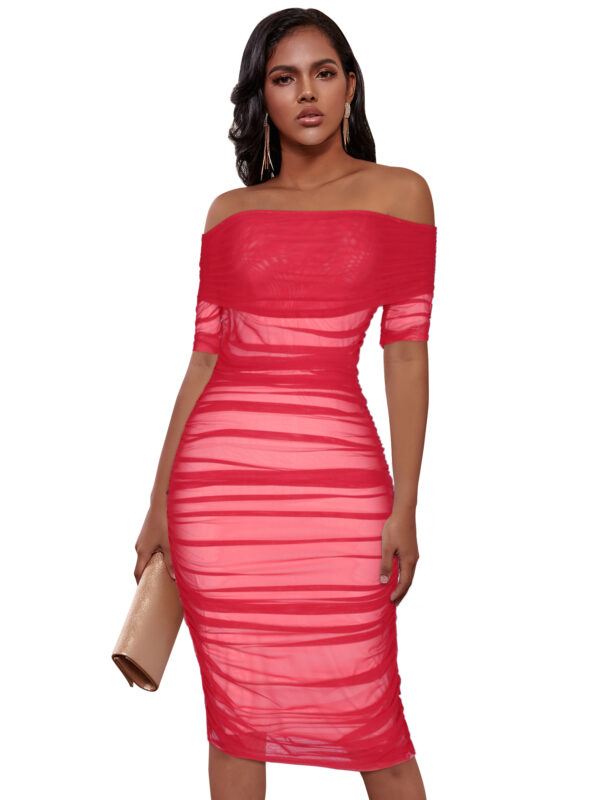 Midi Stripe Line Neck Mesh Pleated Bandage Long Sleeved Red Dress 3