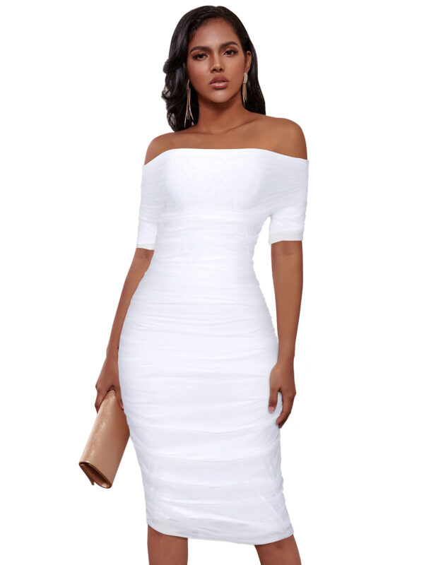 Midi Stripe Line Neck Mesh Pleated Bandage Long Sleeved White Dress 2