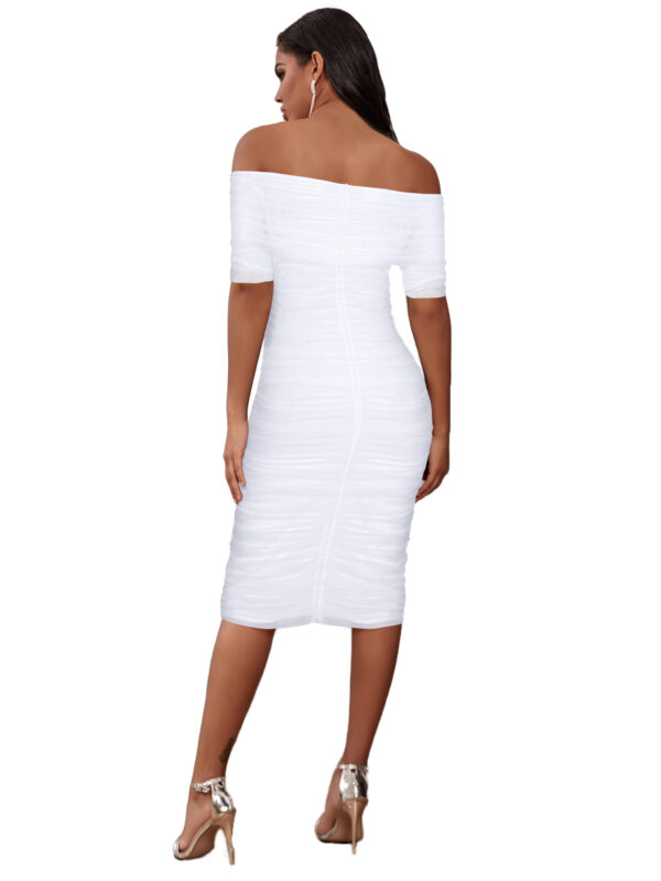 Midi Stripe Line Neck Mesh Pleated Bandage Long Sleeved White Dress 1