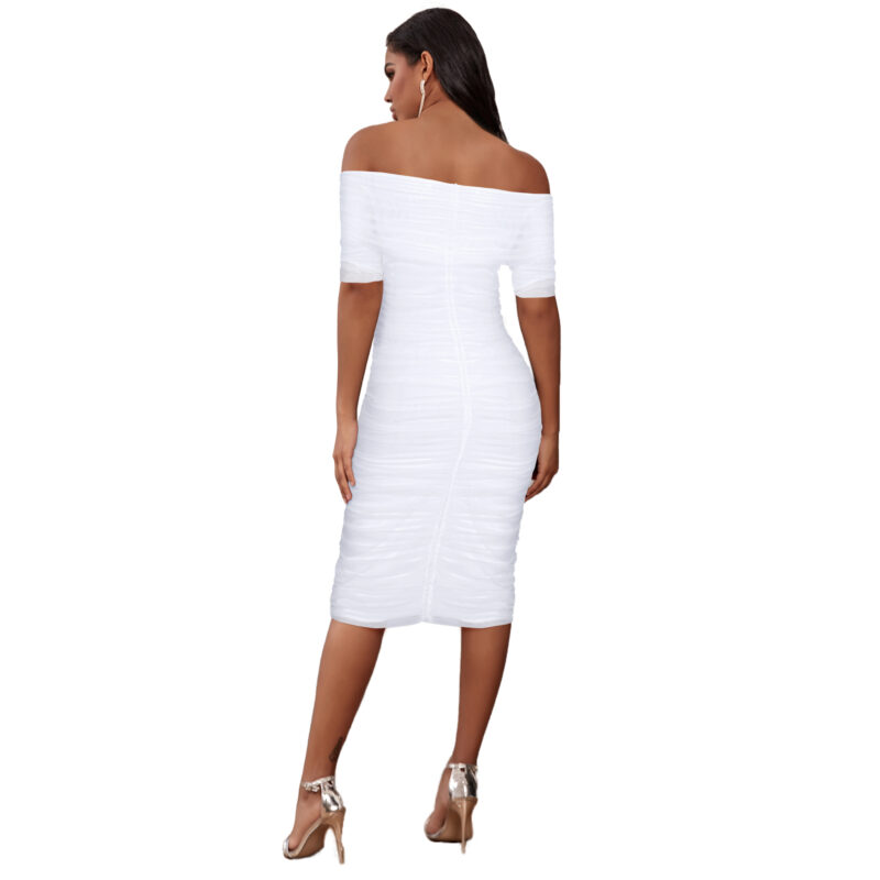 Midi Stripe Line Neck Mesh Pleated Bandage Long Sleeved White Dress 1