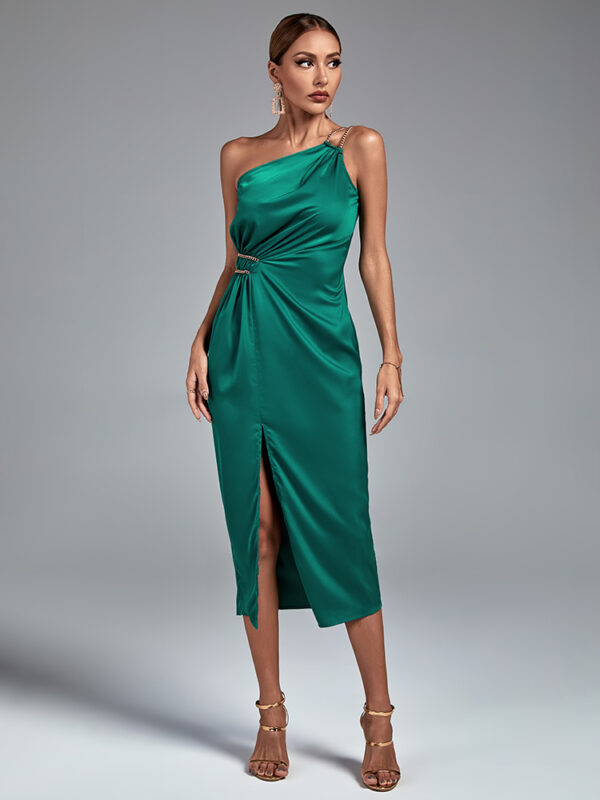 Non-stretch Sexy One Shoulder Sleeveless Midi Party Draped Dress