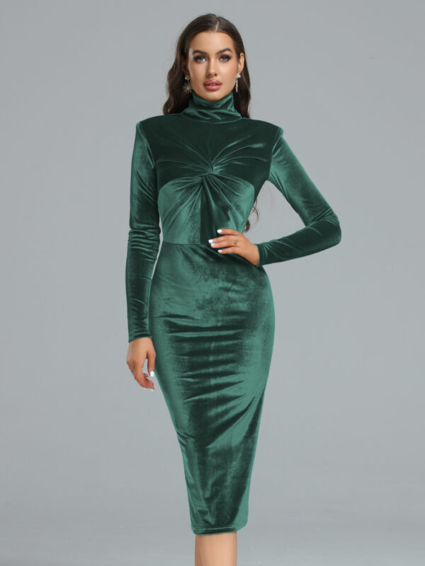 Ocstrade Turtleneck Velvet Midi Dress Drak Green