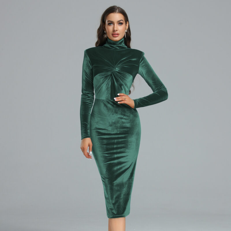 Ocstrade Turtleneck Velvet Midi Dress Drak Green