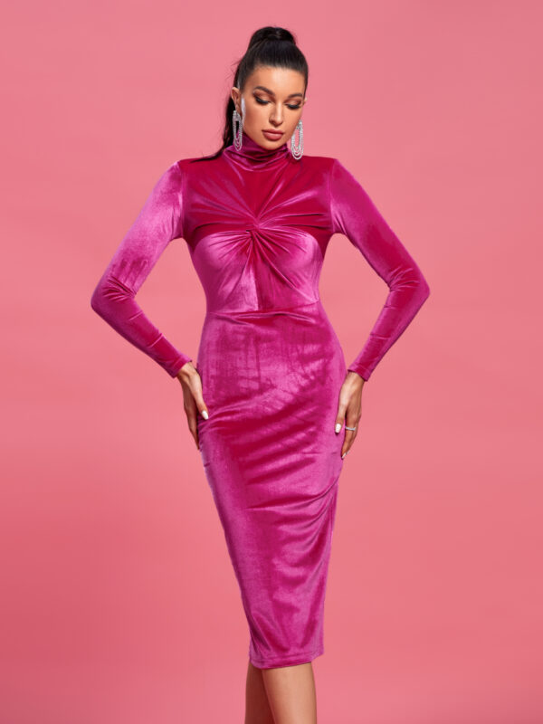 Ocstrade Turtleneck Velvet Midi Dress Rose 1