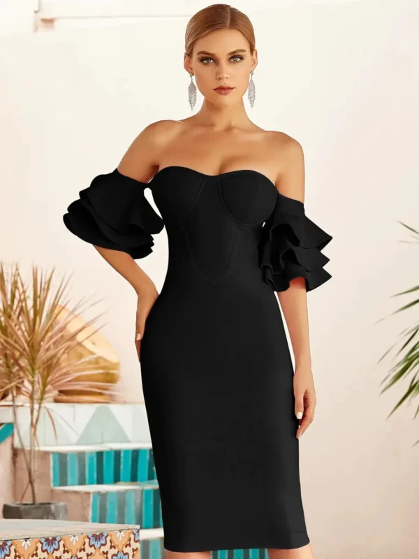 Classic Ruffled Off-Shoulder Bodycon Dress Black 1