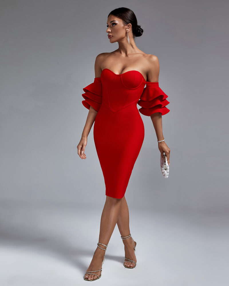 Classic Ruffled Off-Shoulder Bodycon Dress Red 1