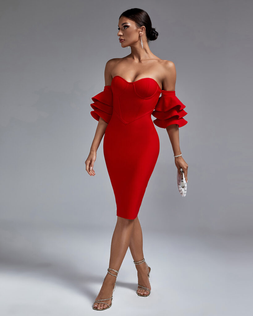 Top 10 Staple &ย Best Bandage Dress Styles for Your Closet 27 Classic Ruffled Off-Shoulder Bodycon Dress Red 1