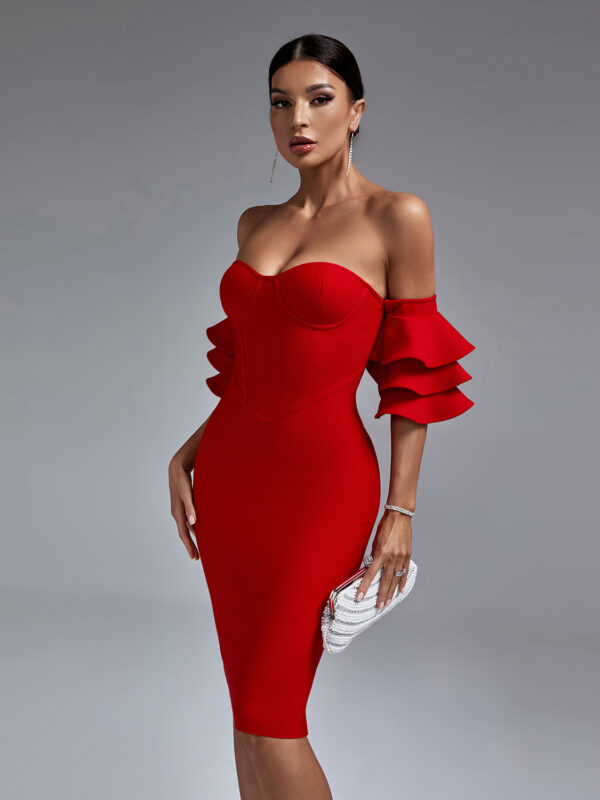 Classic Ruffled Off-Shoulder Bodycon Dress Red 2